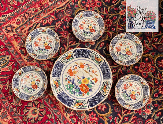 Vintage Imari Serving Bowl with Five Matching Side Bowls, Set of Six Serving Pieces