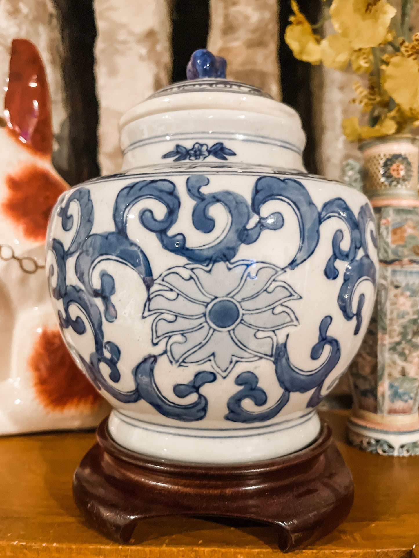 Vintage Blue and White Double Happiness Ginger Jar  with Foo Finial on Ming Wood Base.