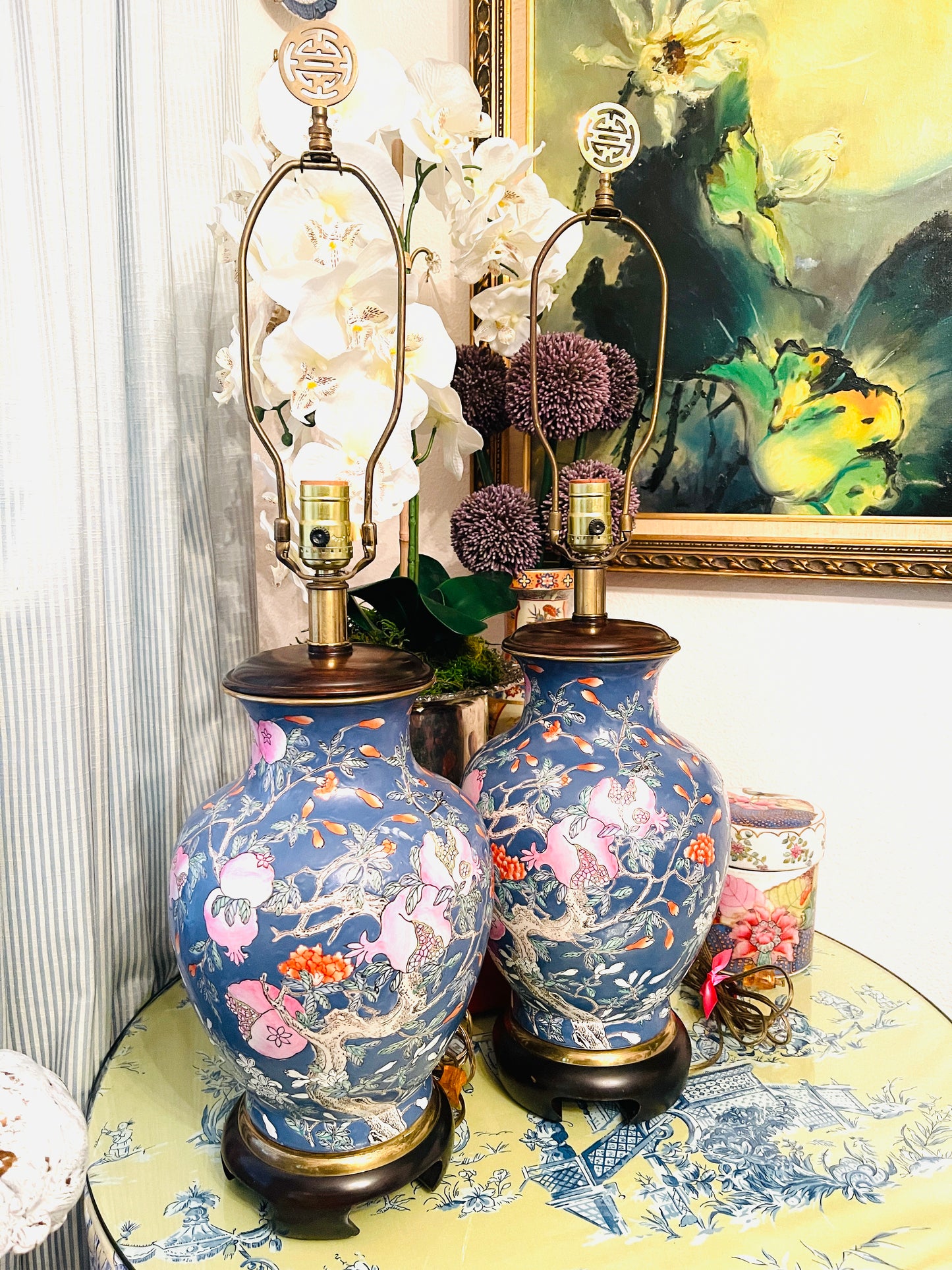 Vintage Chinoiserie Pomegranate Lamps-Pair