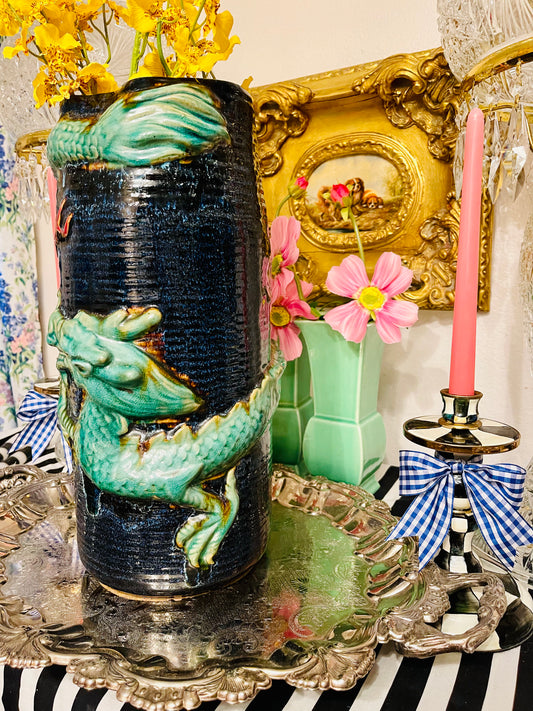 Large Chinoiserie Majolica Dragon Vase