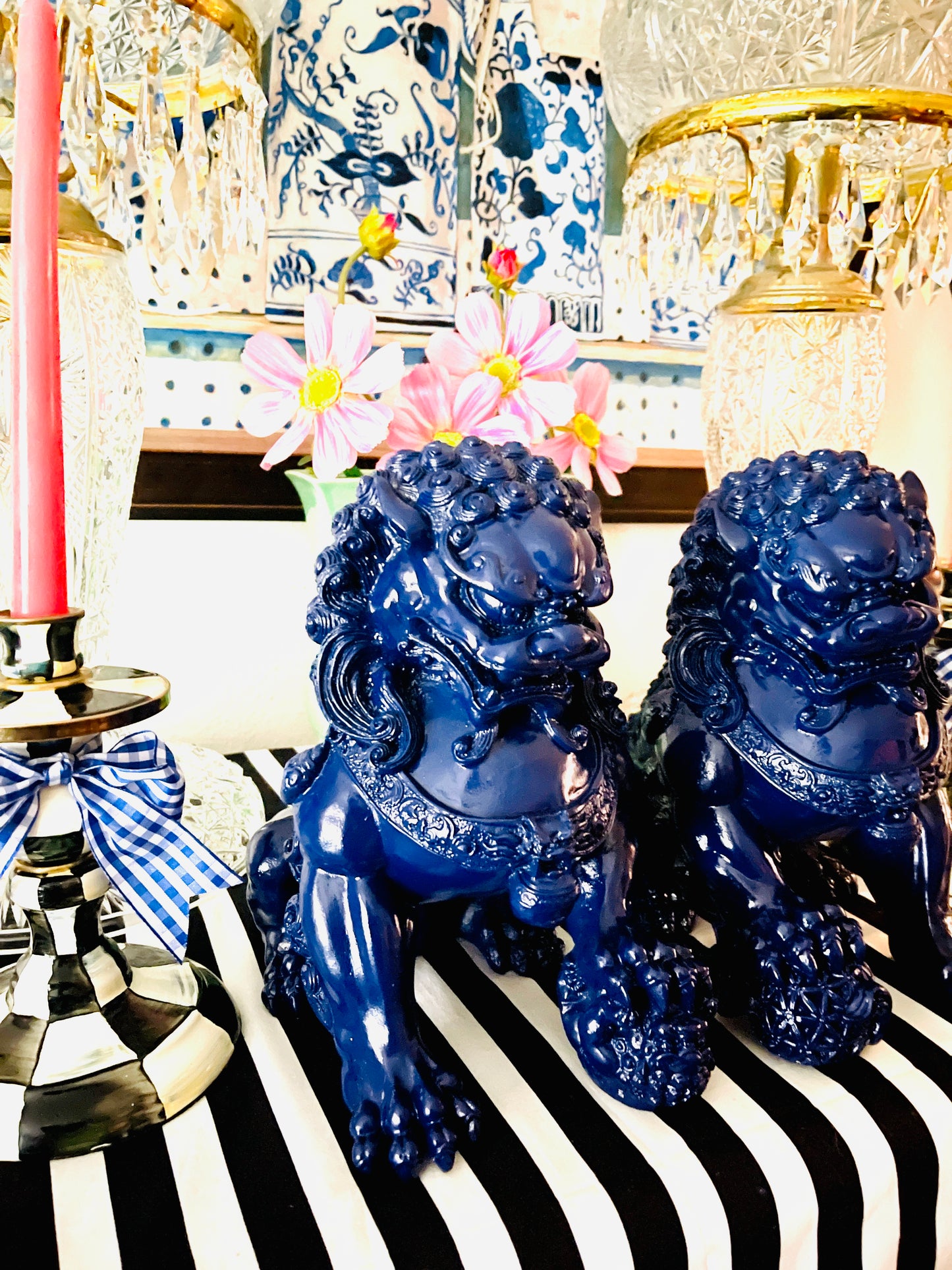 Pair of Blue Lacquered Foo Dogs, Chinoiserie Chic Decor