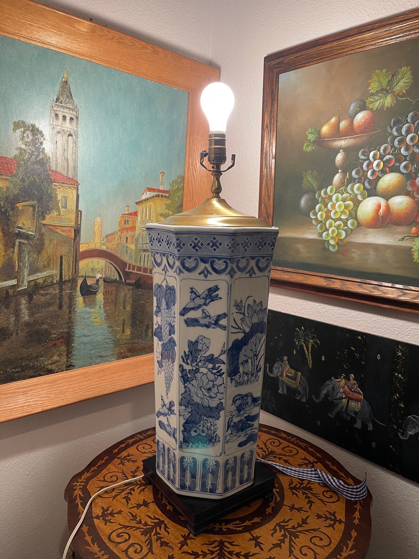 Extra Large Vintage Chinoiserie Blue and White Table Lamp