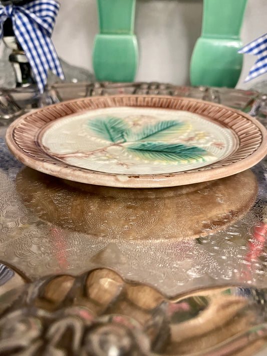 Majolica Three Leaf and Flower Plate, Antique Majolica, Majolica Pottery