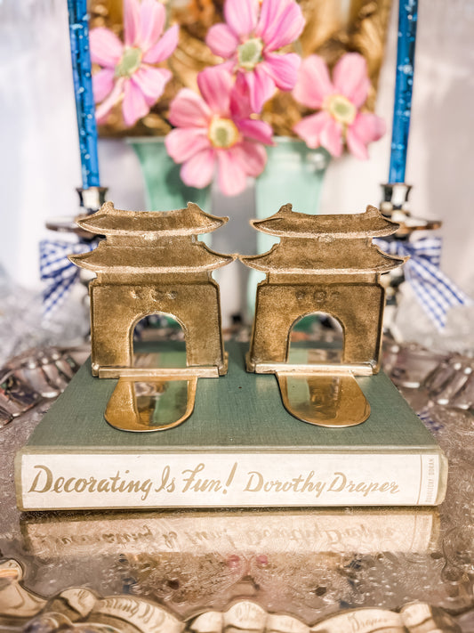 Vintage Brass Pagoda Bookends, Chinoiserie Chic