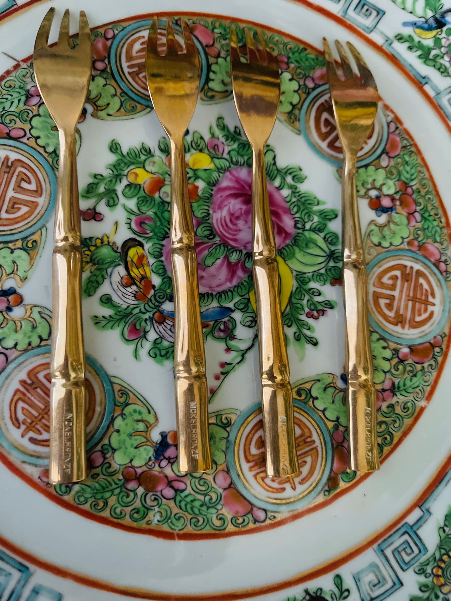 Vintage Chinoiserie Bronze Bamboo Cocktail Forks, Set of Four