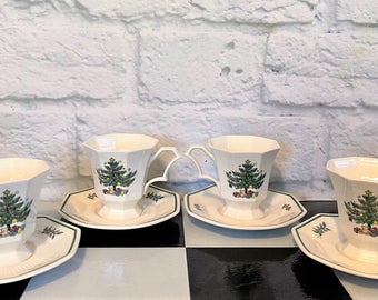 Set of Four Nikko Holiday Cups & Saucers, Vintage Christmas China