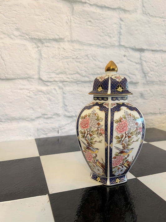 Blue and White Chinoiserie Ginger Jar with Gold Accents - Vintage