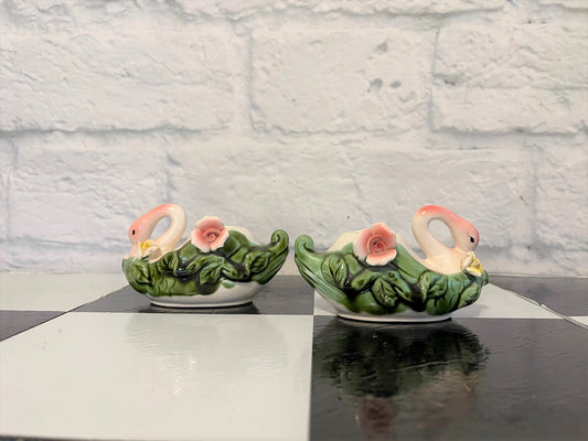 Pink and Green Swan Candleholders - Vintage
