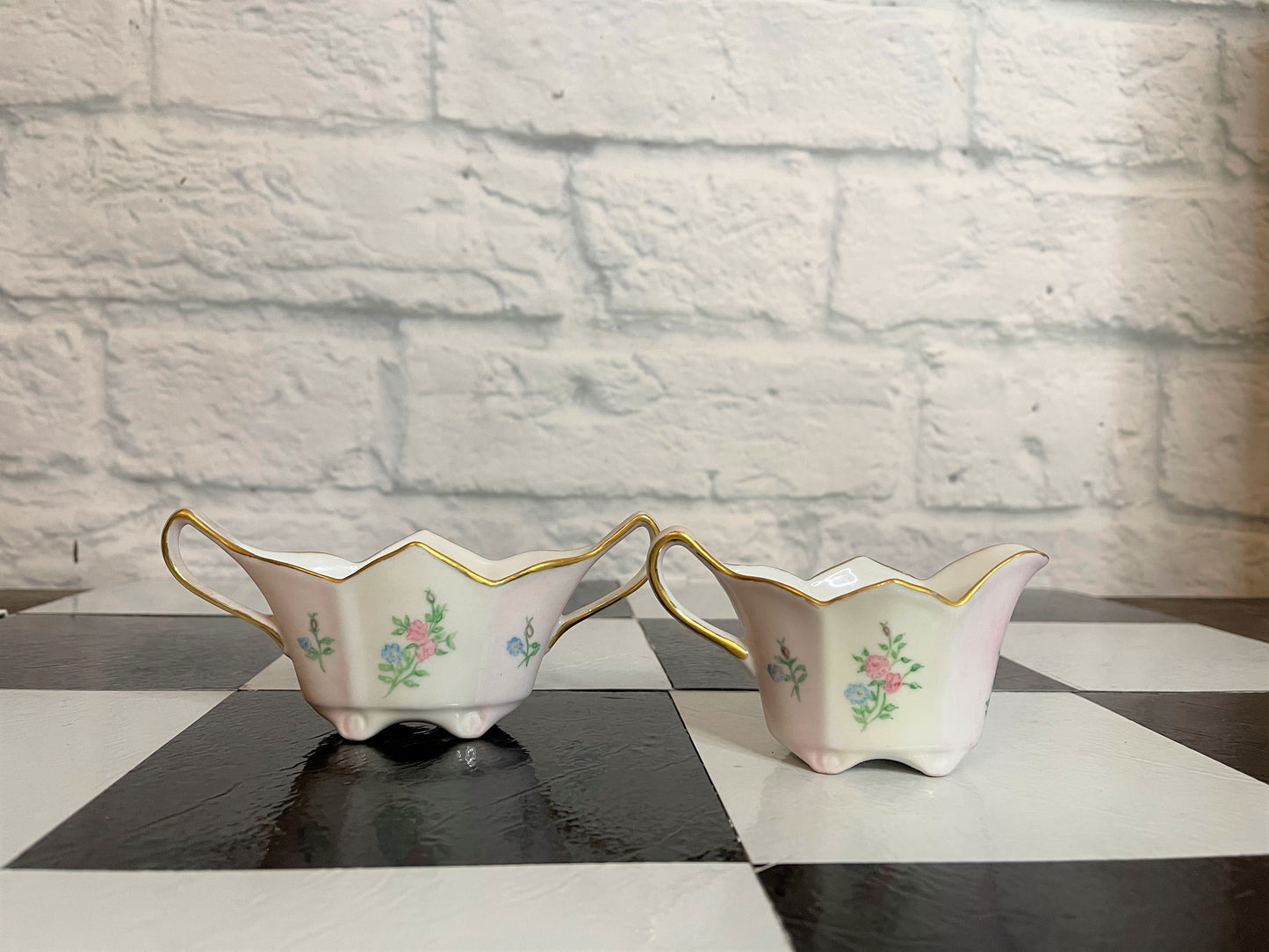 Pink and White Floral Creamer and Sugar Set - Vintage - Hand Painted
