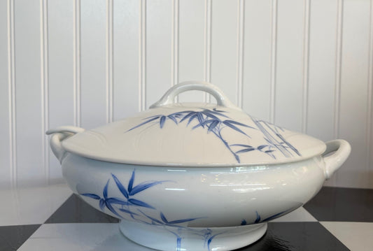 Blue and White Tureen, Hand Painted Bamboo, Vintage, Chinoiserie Chic Lidded Dish