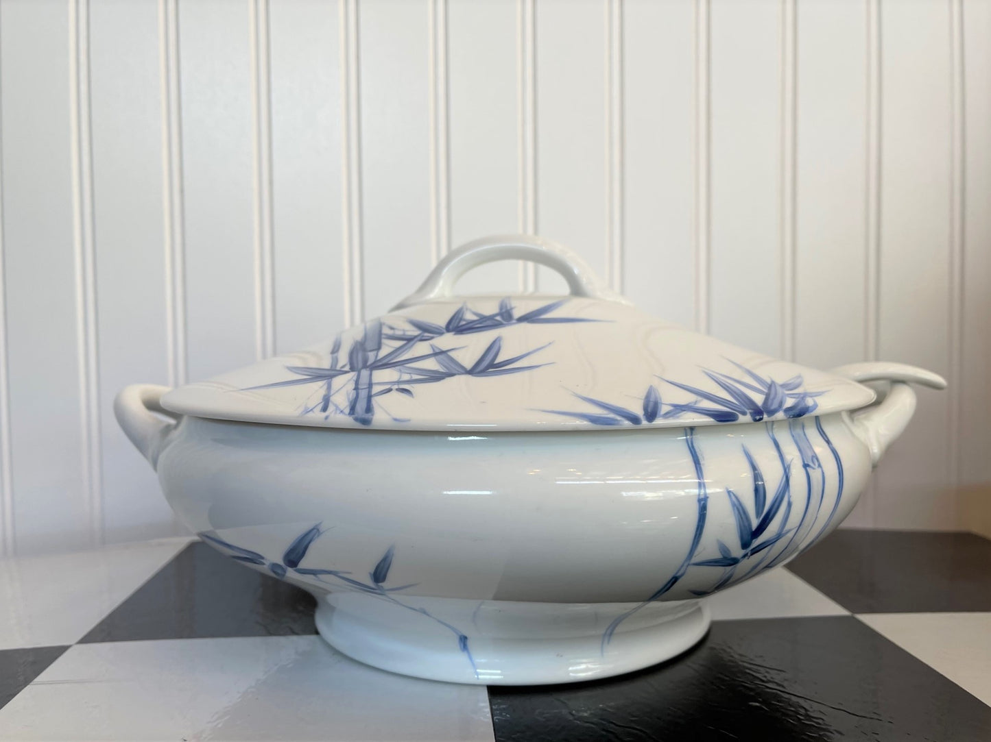 Blue and White Tureen, Hand Painted Bamboo, Vintage, Chinoiserie Chic Lidded Dish